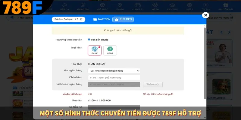 Một số hình thức chuyển tiền được 789F hỗ trợ